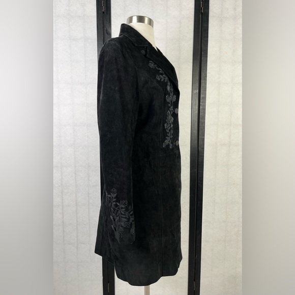 Scully Black Suede Coat with Floral Embroidery. 8 - Picture 3 of 7